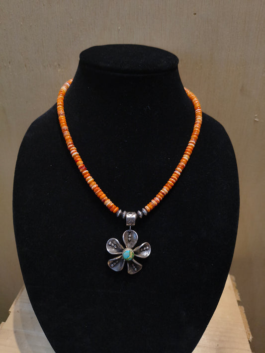Mercury Dime Flower on 18" Spiny Oyster Necklace by James Begay, Jr., Navajo