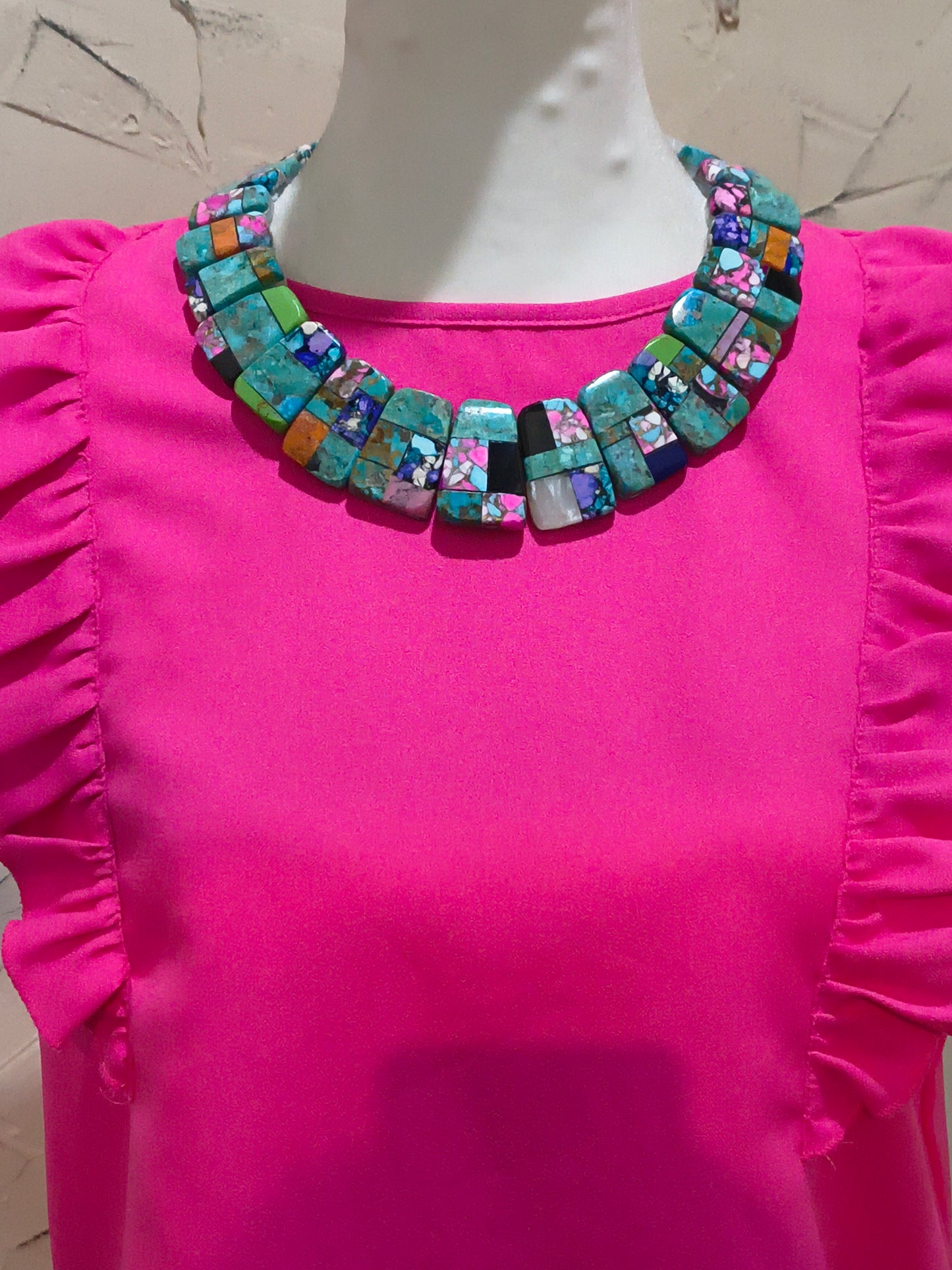 Inlay Cotton Candy, Shell, and other Stones Collar Necklace by Charles Bird