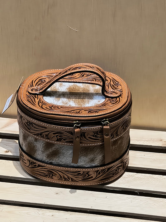 Small Round Tooled Cowhide Jewelry Box