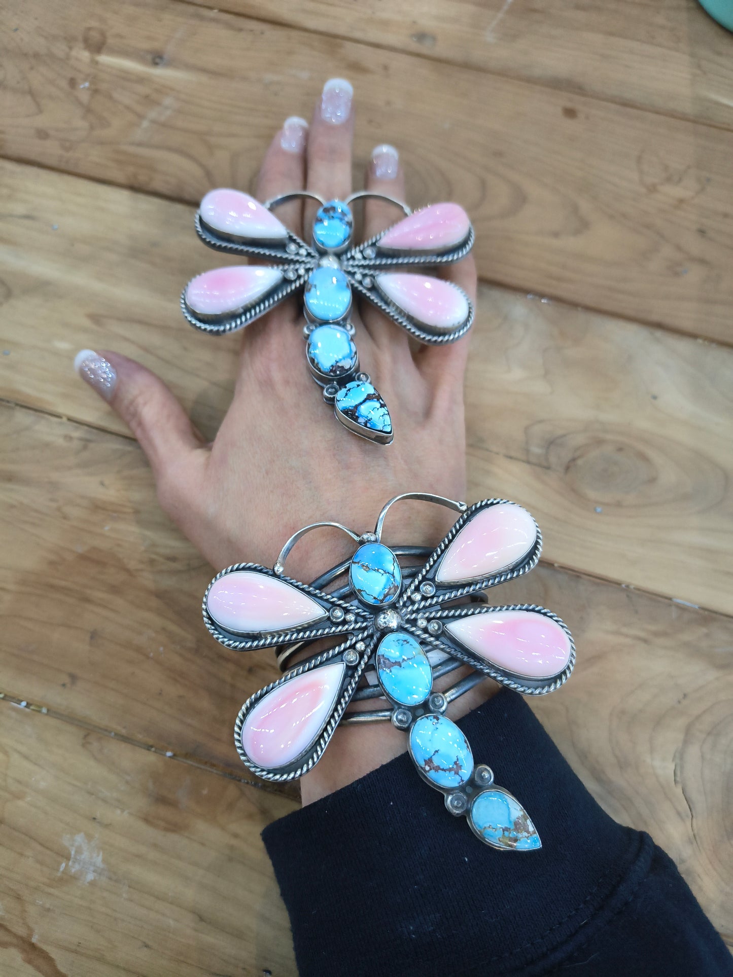 Golden Hills Turquoise and Pink Conch Shell Dragonfly Cuff and Matching Ring by Gabby Jurado, Mexican