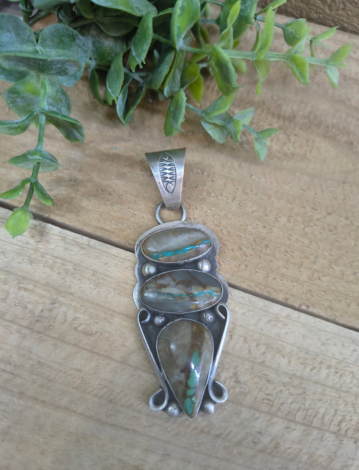 12.7mm Bail 3 Stone Boulder Ribbon Turquoise Pendant by Delbert Secatero, Navajo