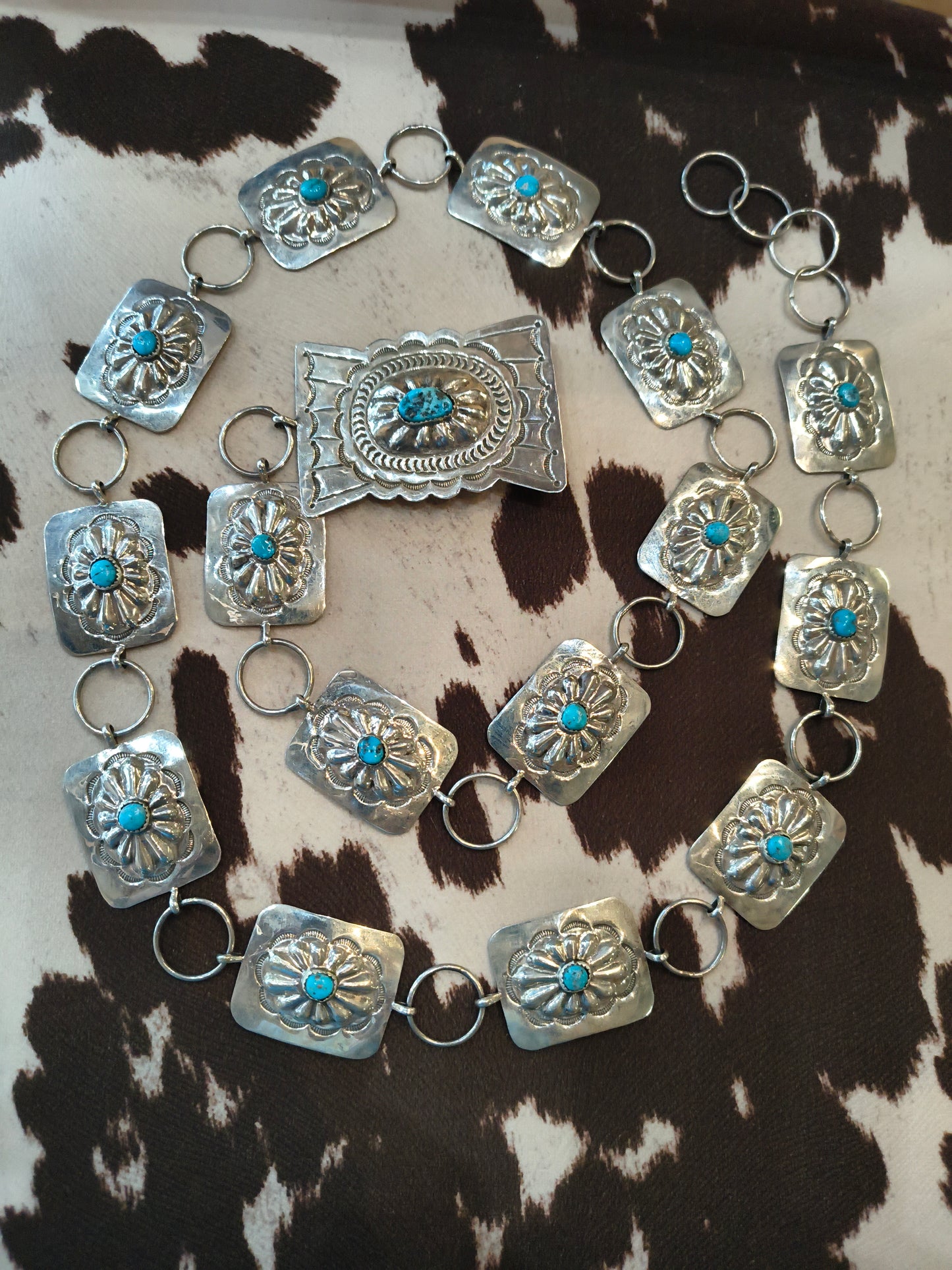 Silver Square Concho Belt with Turquoise by Louise Yazzie, Navajo