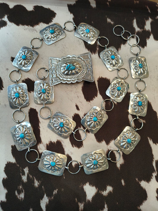 Silver Square Concho Belt with Turquoise by Louise Yazzie, Navajo