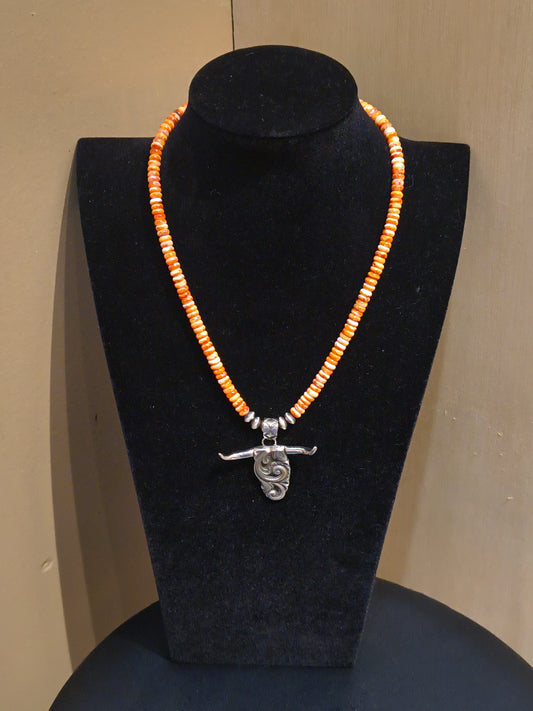 Steer Head on 18" Spiny Oyster Necklace by James Begay, Jr., Navajo