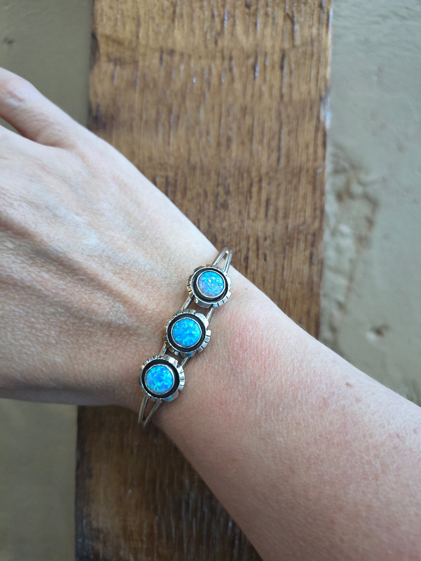 3 Stone Blue Opal Cuff by Amos Begay, Navajo