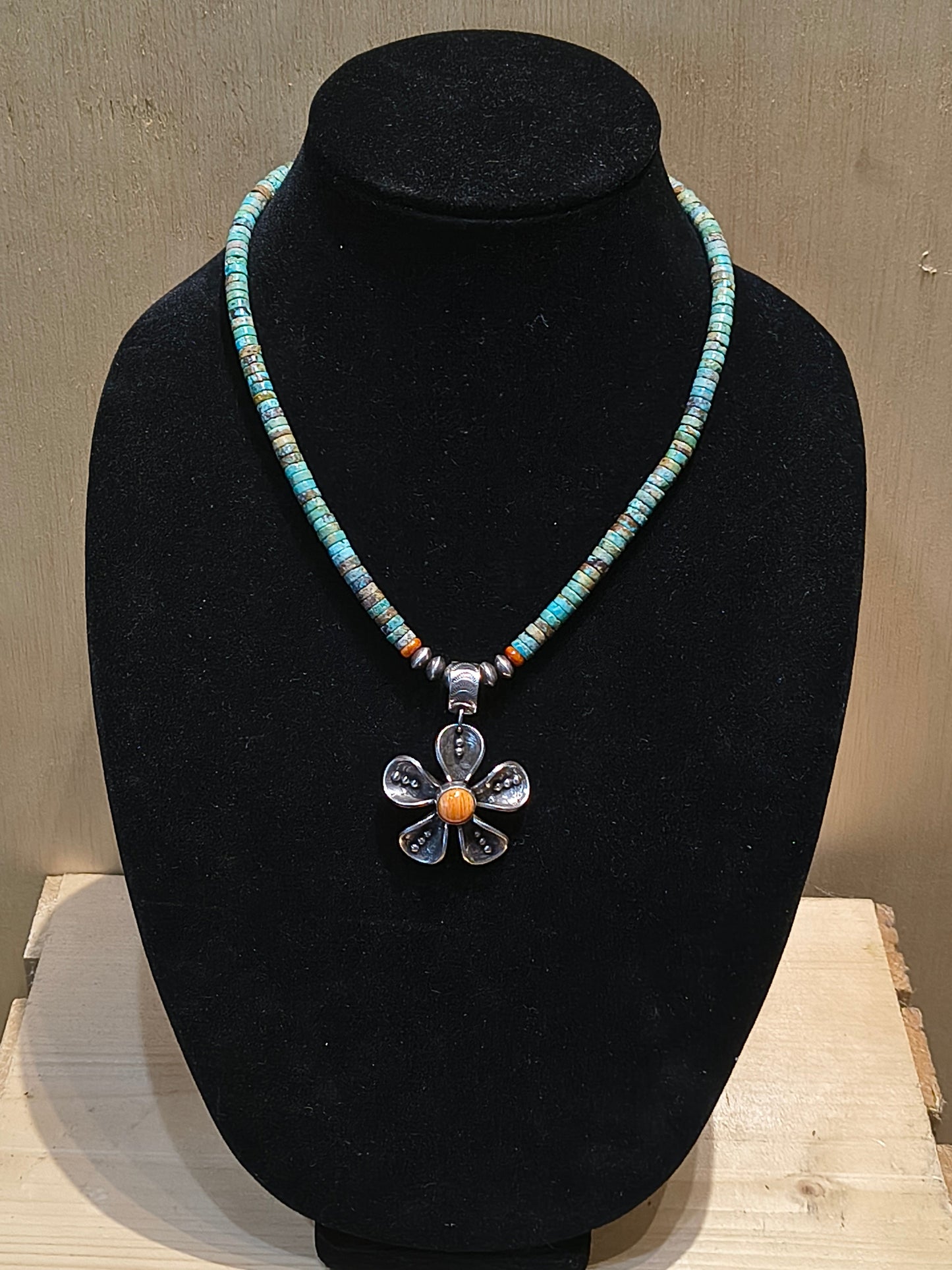 Mercury Dime Flower on 18" Turquoise Heshi Necklace by James Begay, Jr., Navajo
