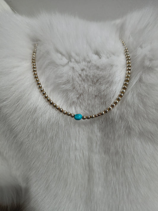 4mm Sliver beads & Natural Turquoise Necklace 16”+2” extender
