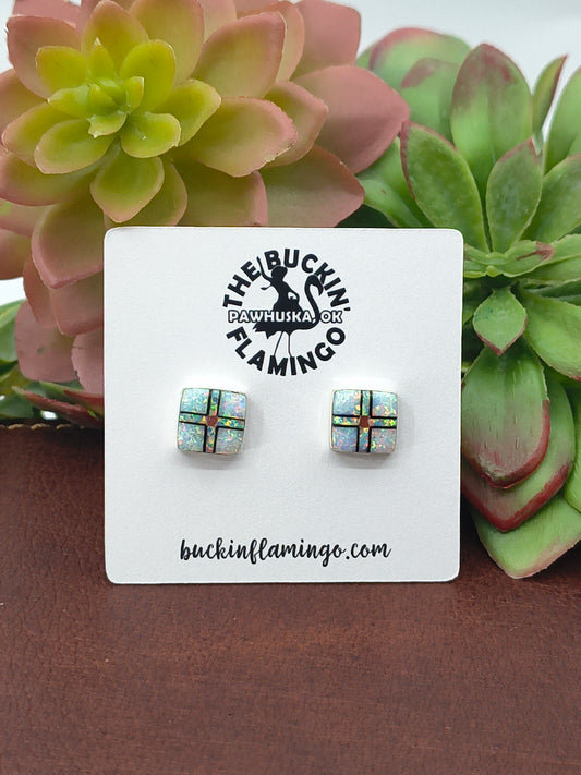 White Square Opal Post Earrings by Carey Luarkie, Zuni