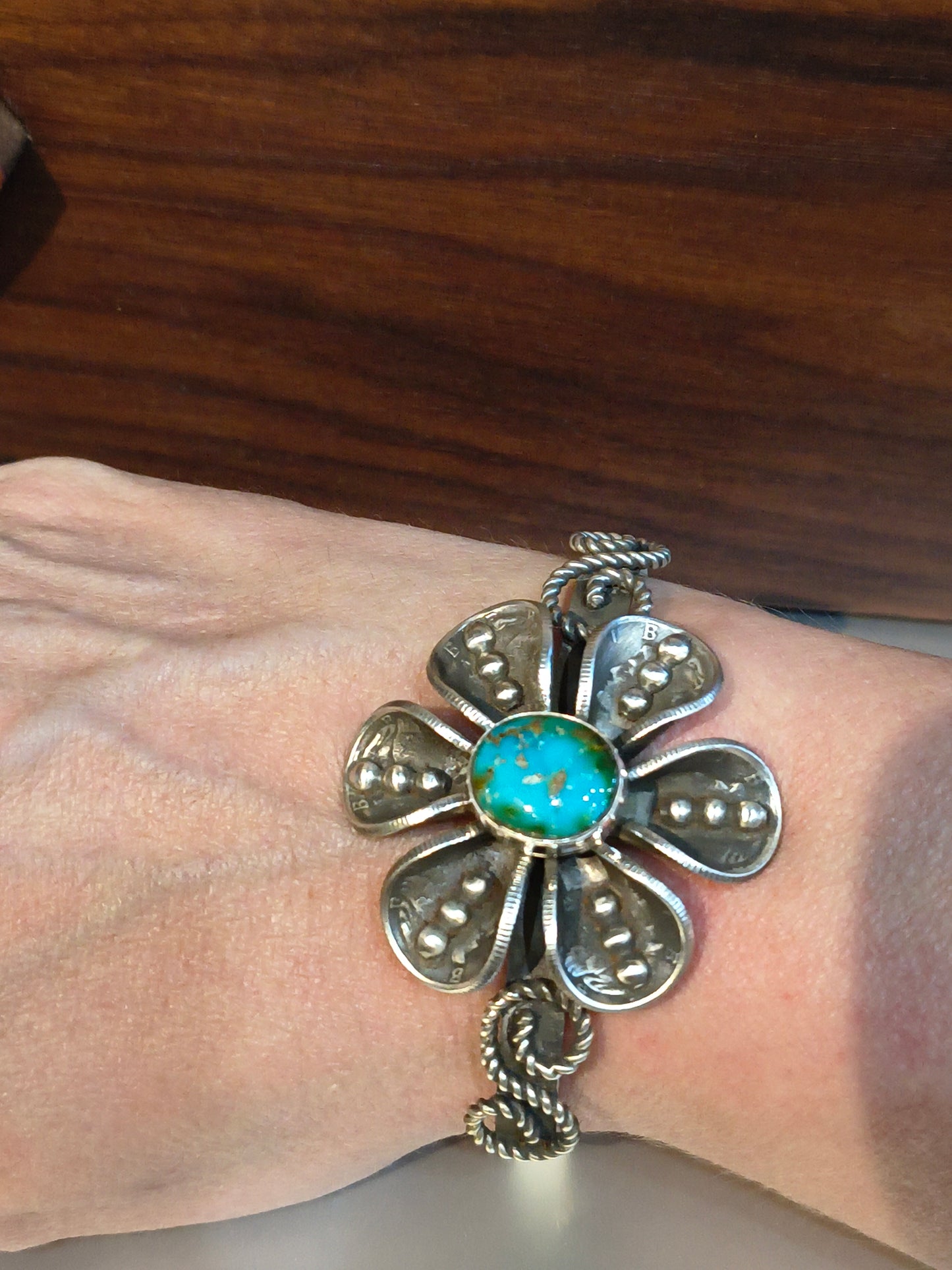 Sonoran Gold Turquoise with Mercury Dime Flower Cuff by James Begay, Jr., Navajo