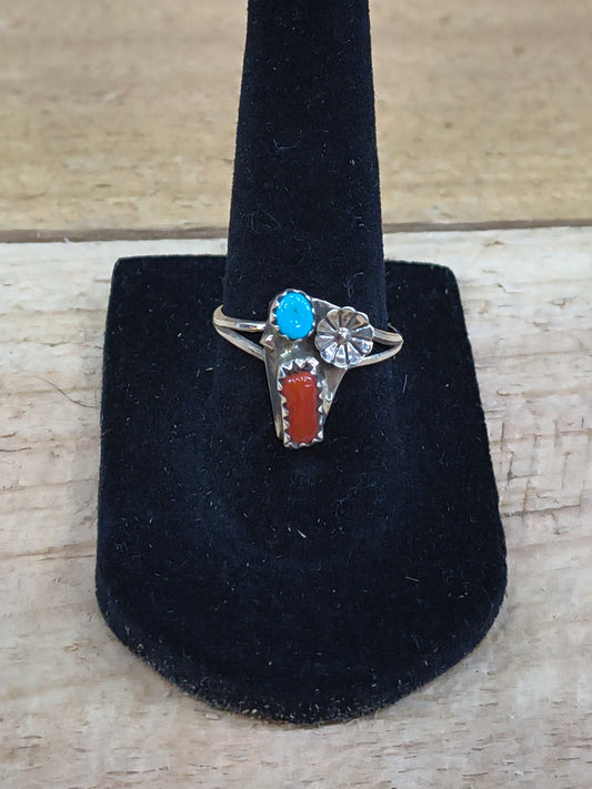 7.0 Turquoise and Coral Ring by Dorothy Yazzie, Navajo