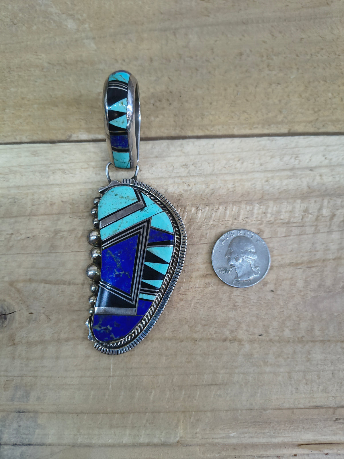 Vintage “RJJ” Lapis and Jet Turquoise Pendant 20mm bail