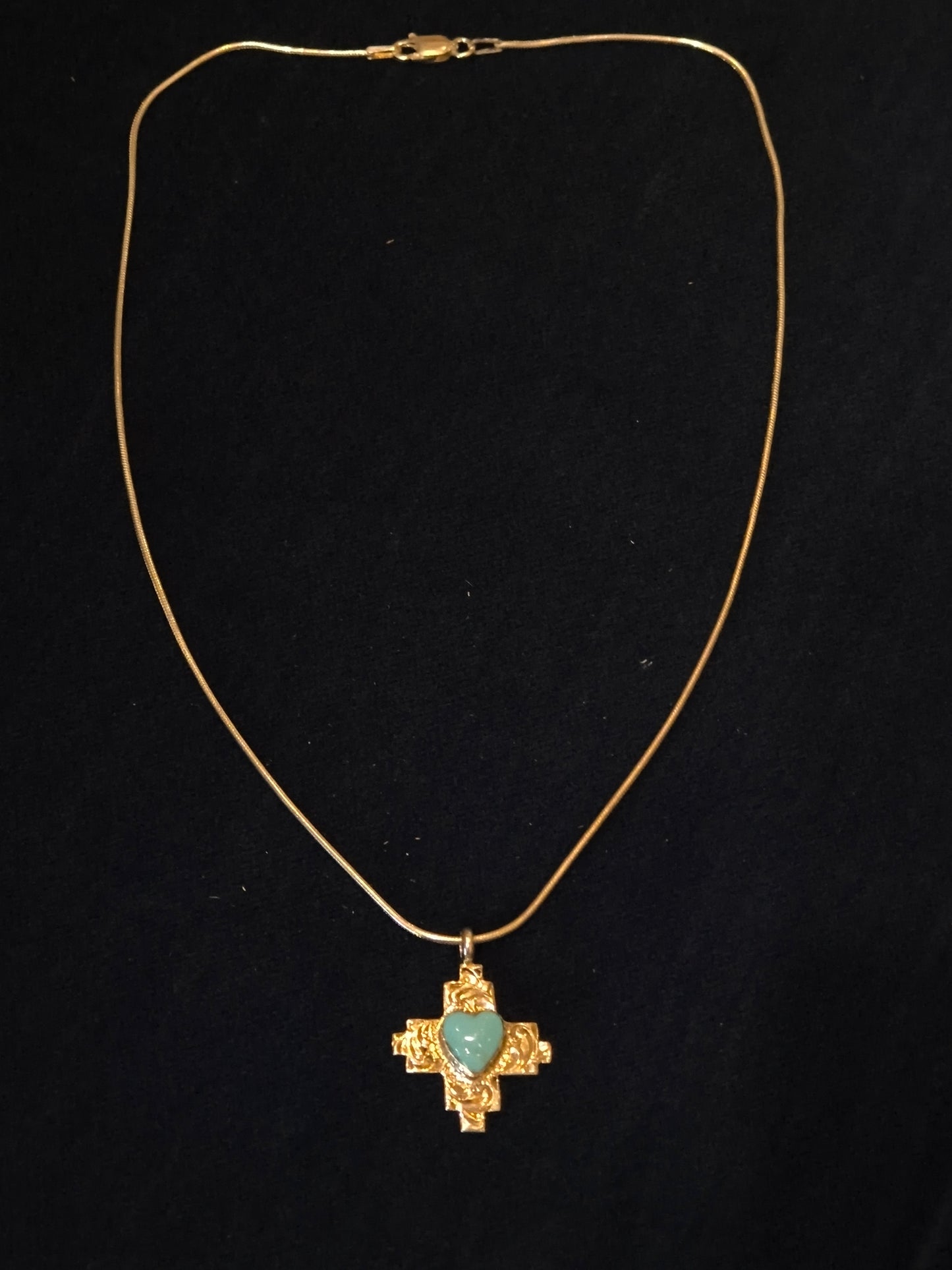 Turquoise Heart in Zia Stamped Pendant on 16" necklace