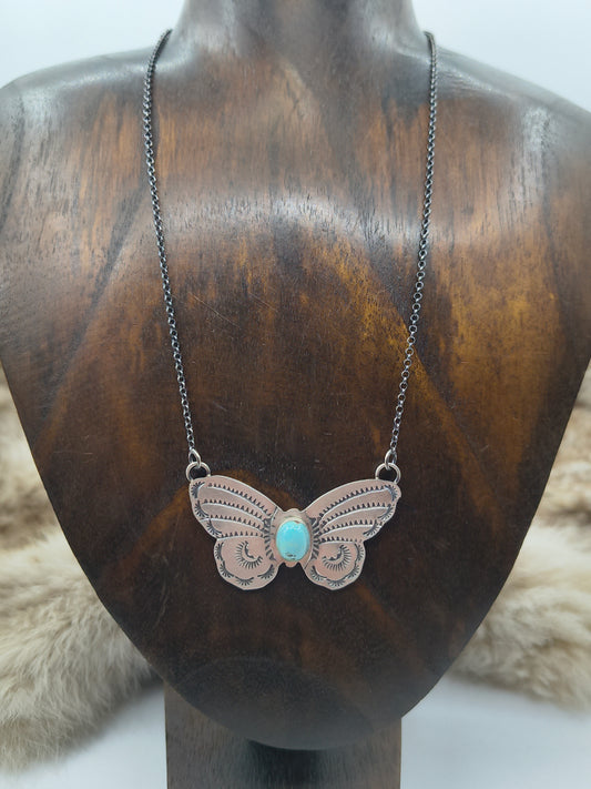 16" #8 Turquoise Stamped Butterfly Necklace by Rick Enriquez, Navajo