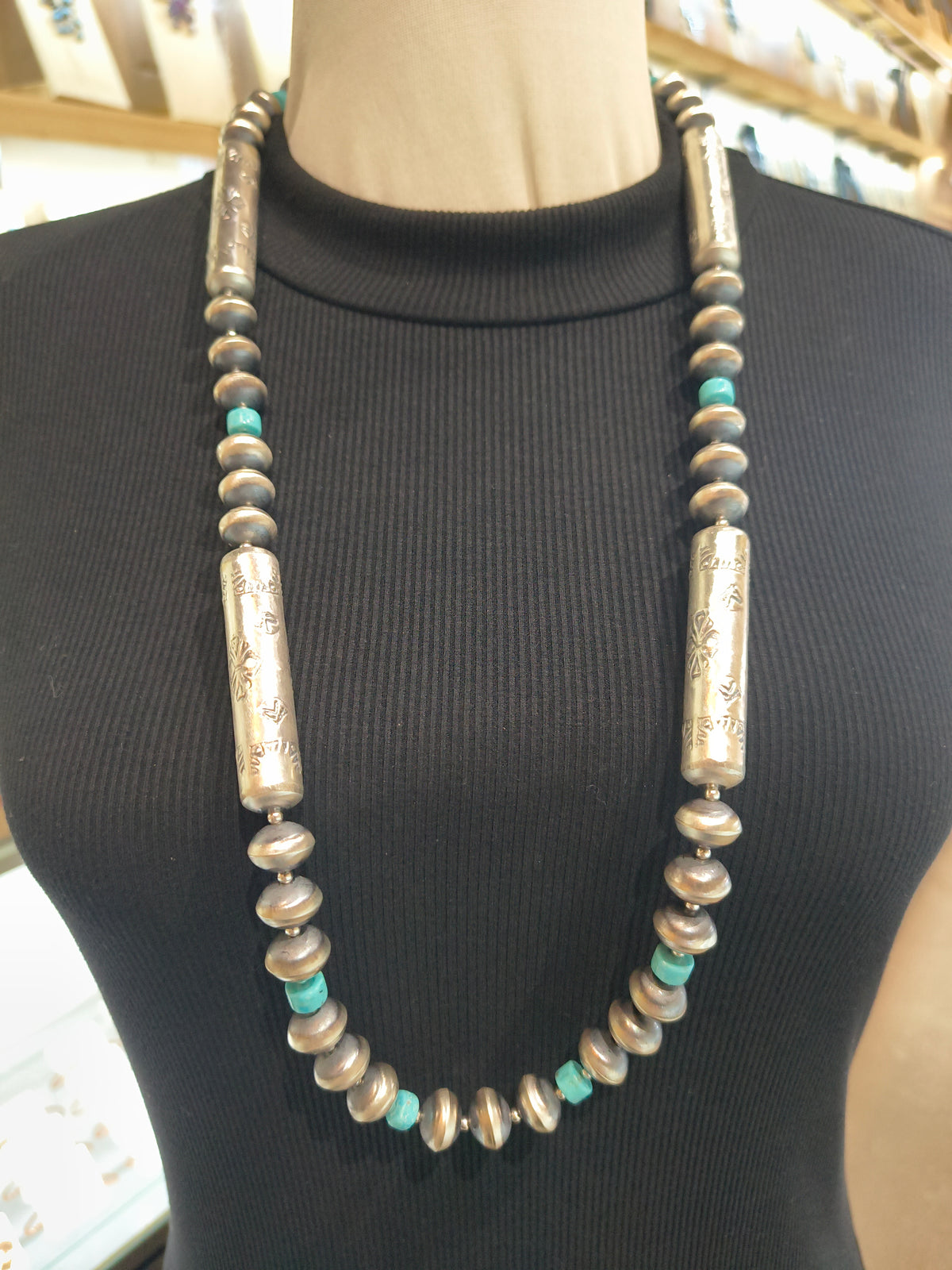 32" Handmade Navajo Pearl & Earring Set with Turquoise by Sharon Cooley, Navajo
