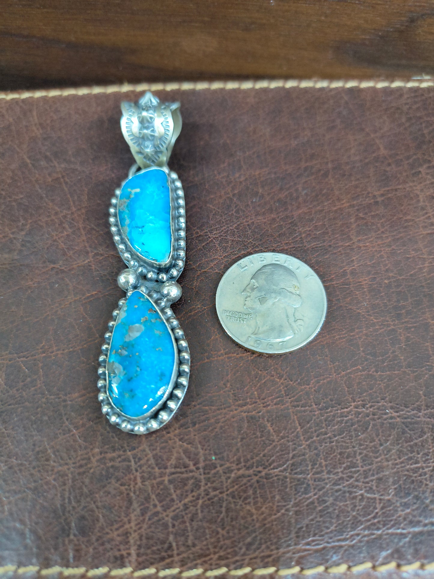 2 Stone Kingman Turquoise Pendant with a 10mm Bale by Terrell Nez, Navajo