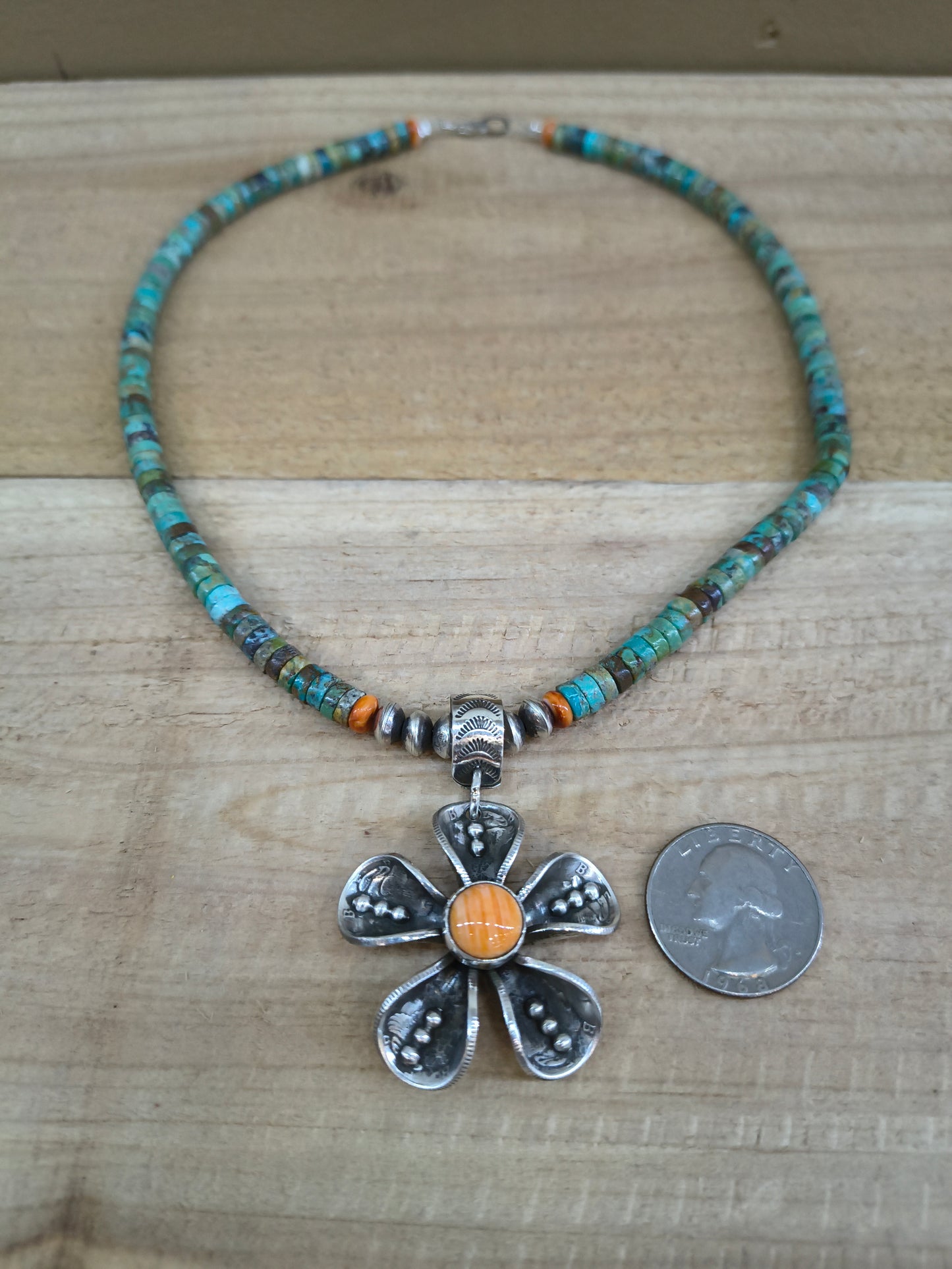 Mercury Dime Flower on 18" Turquoise Heshi Necklace by James Begay, Jr., Navajo