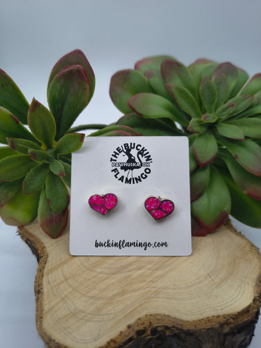 Hot Pink Opal Fish Scale Inlay Heart Posts by Lynelle Johnson, Zuni