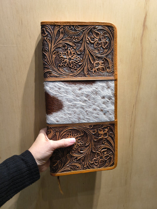 Medium Brown Tooled Leather and Cowhide Necklace Flat Jewelry Holder