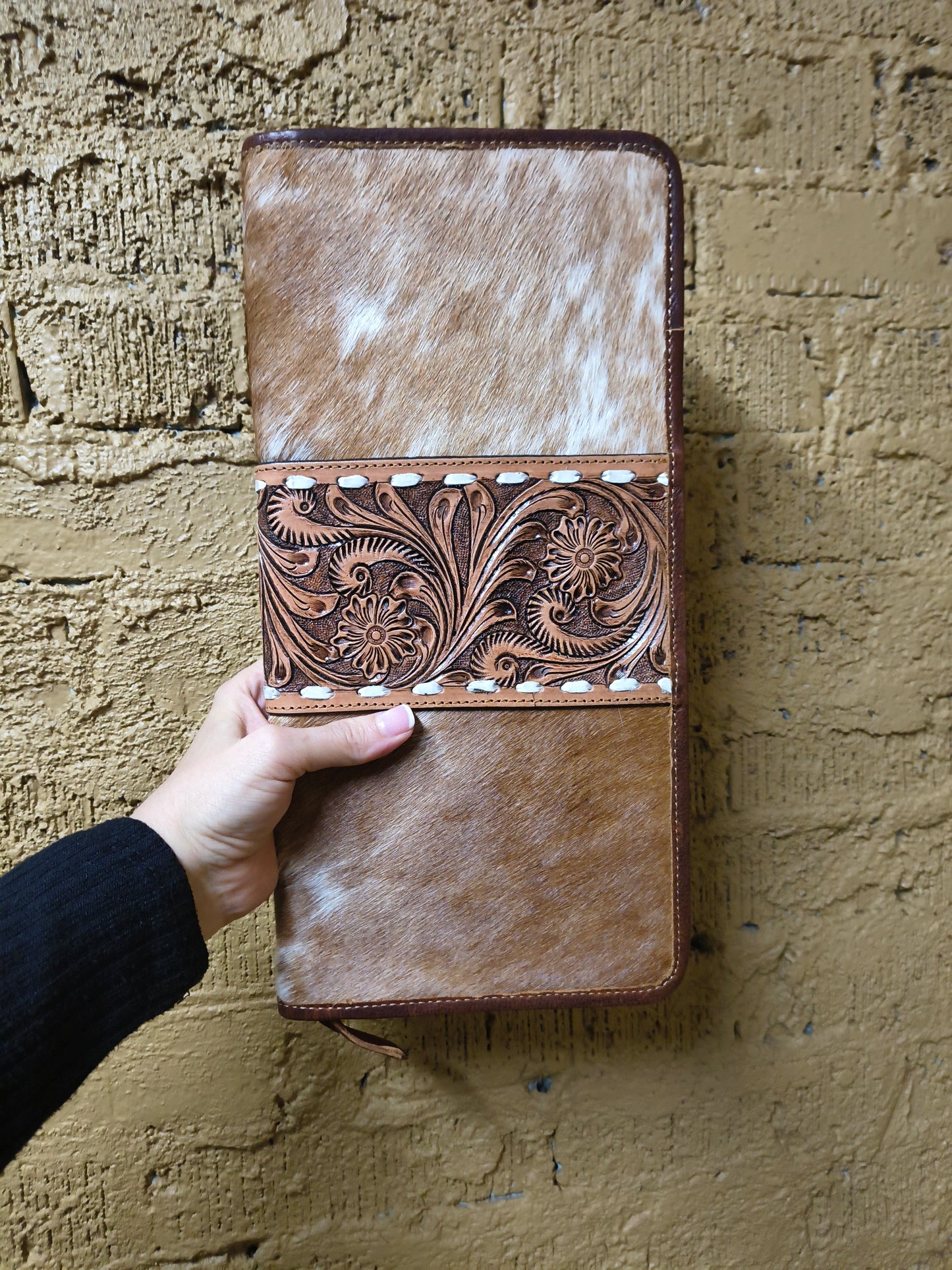 Medium Brown Tooled Leather and Cowhide Necklace Flat Jewelry Holder