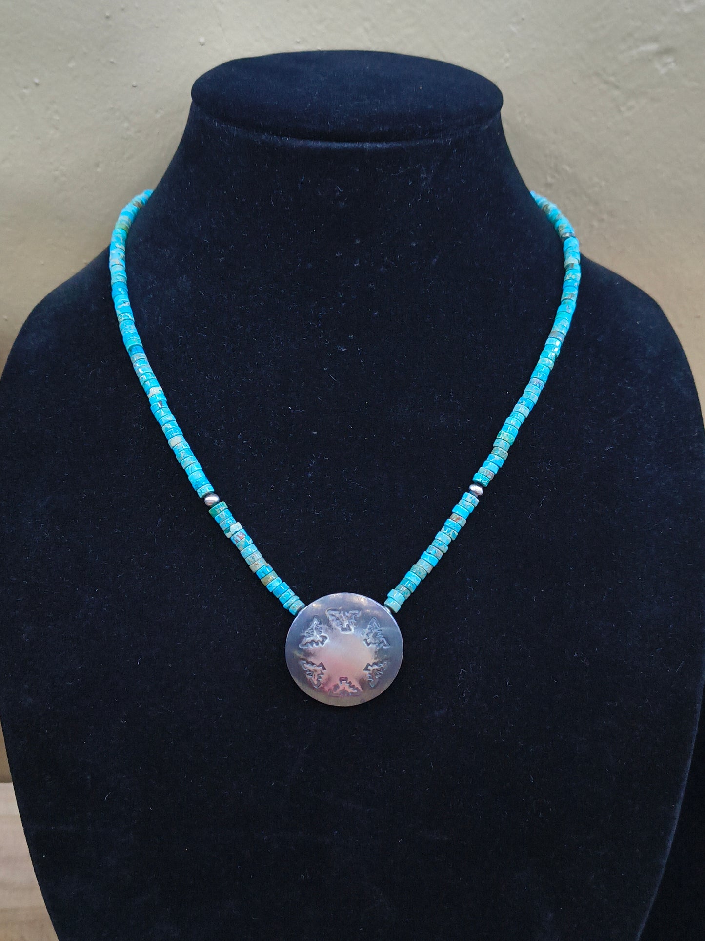 18" Handmade Turquoise Heishi Bead Necklace with Sterling Silver Stamped Pillow Bead by Maryetta Daukei Kellywood, Navajo