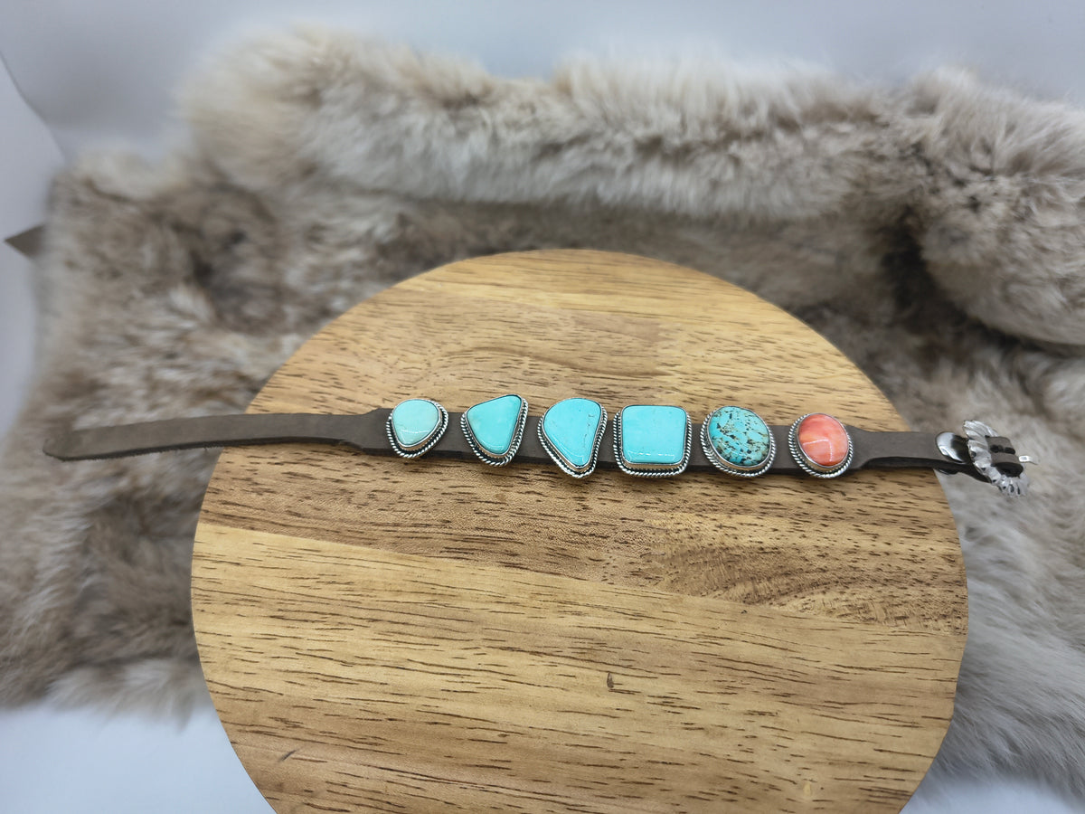 6.25”-9” 6 Stone Turquoise & Spiny Oyster Bracelet on Leather by “BW”, Navajo
