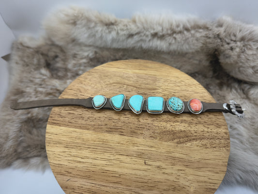 6.25”-9” 6 Stone Turquoise & Spiny Oyster Bracelet on Leather by “BW”, Navajo