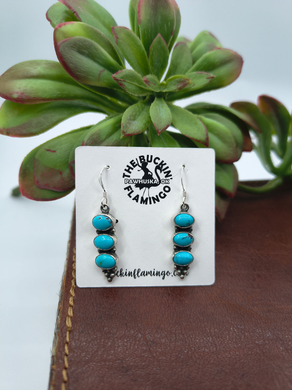 3 Stone Kingman Turquoise Drop Dangle Earrings by Gary Shorty, Navajo
