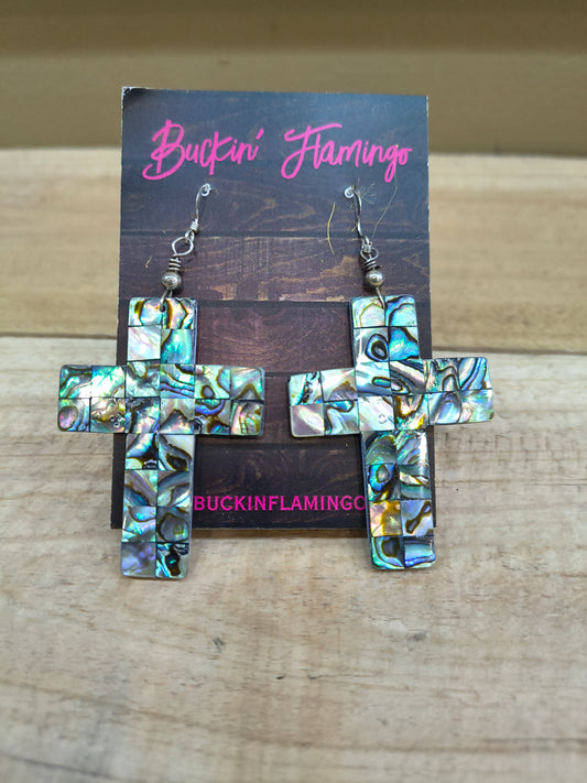 Abalone Cross Inlay Hook Earrings