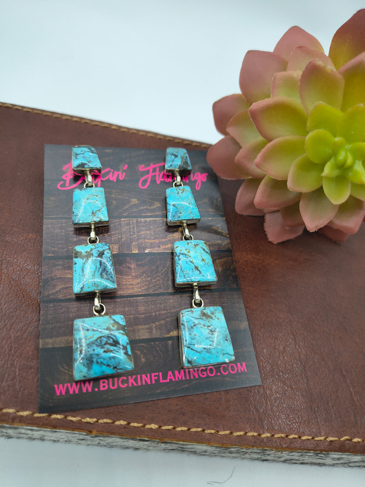 3" Long 4 Stone Turquoise Dangle Earrings by Jennifer Cayaditto, Navajo