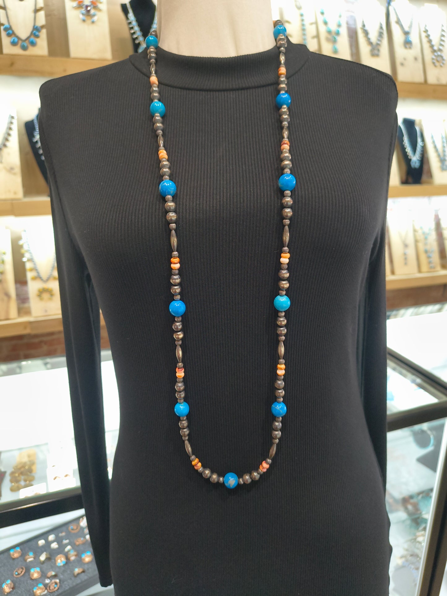 44" Navajo Style Pearls with Spiny Oyster and Turquoise Beads
