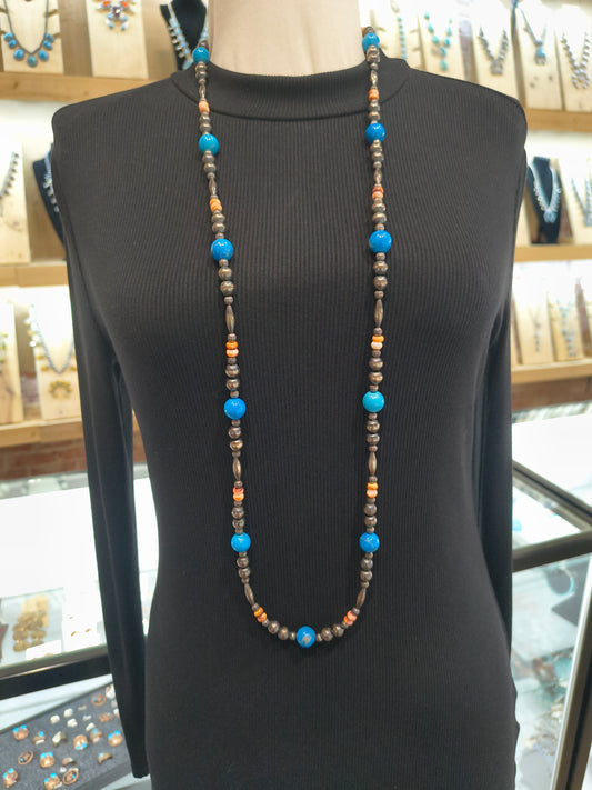 44" Navajo Style Pearls with Spiny Oyster and Turquoise Beads