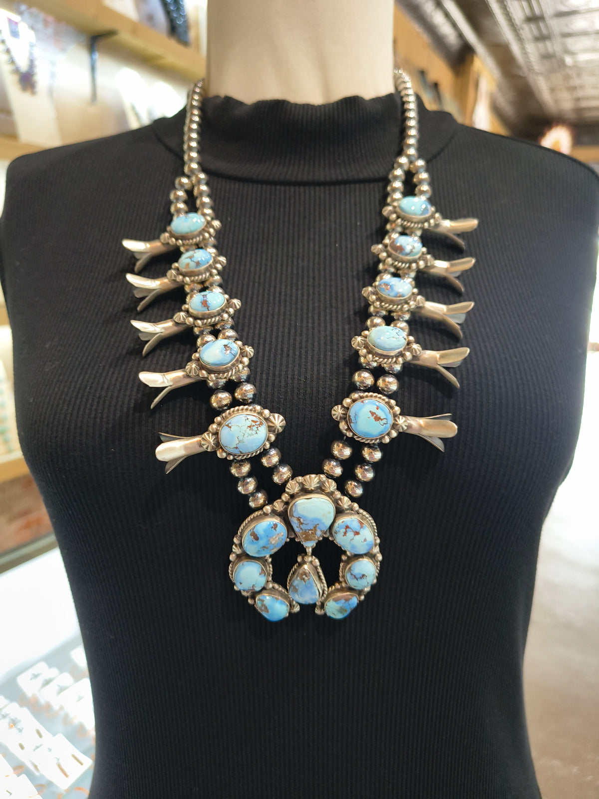 26" Golden Hills Turquoise Squash Blossom Necklace and Earring Set by Elouise Kee, Navajo