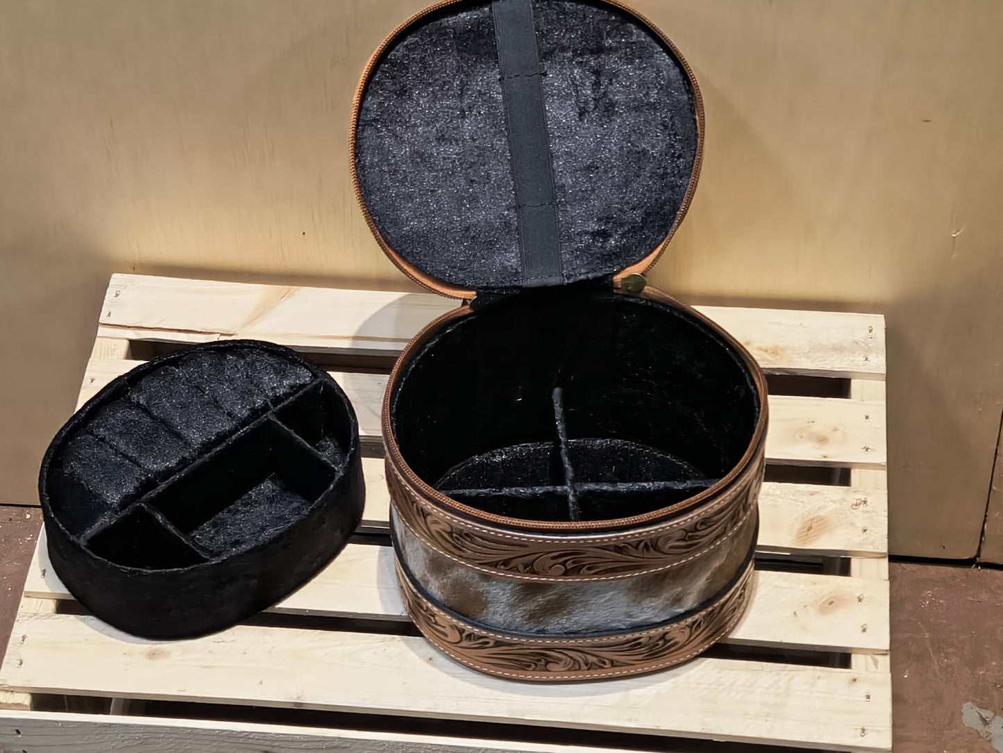 Small Round Tooled Cowhide Jewelry Box