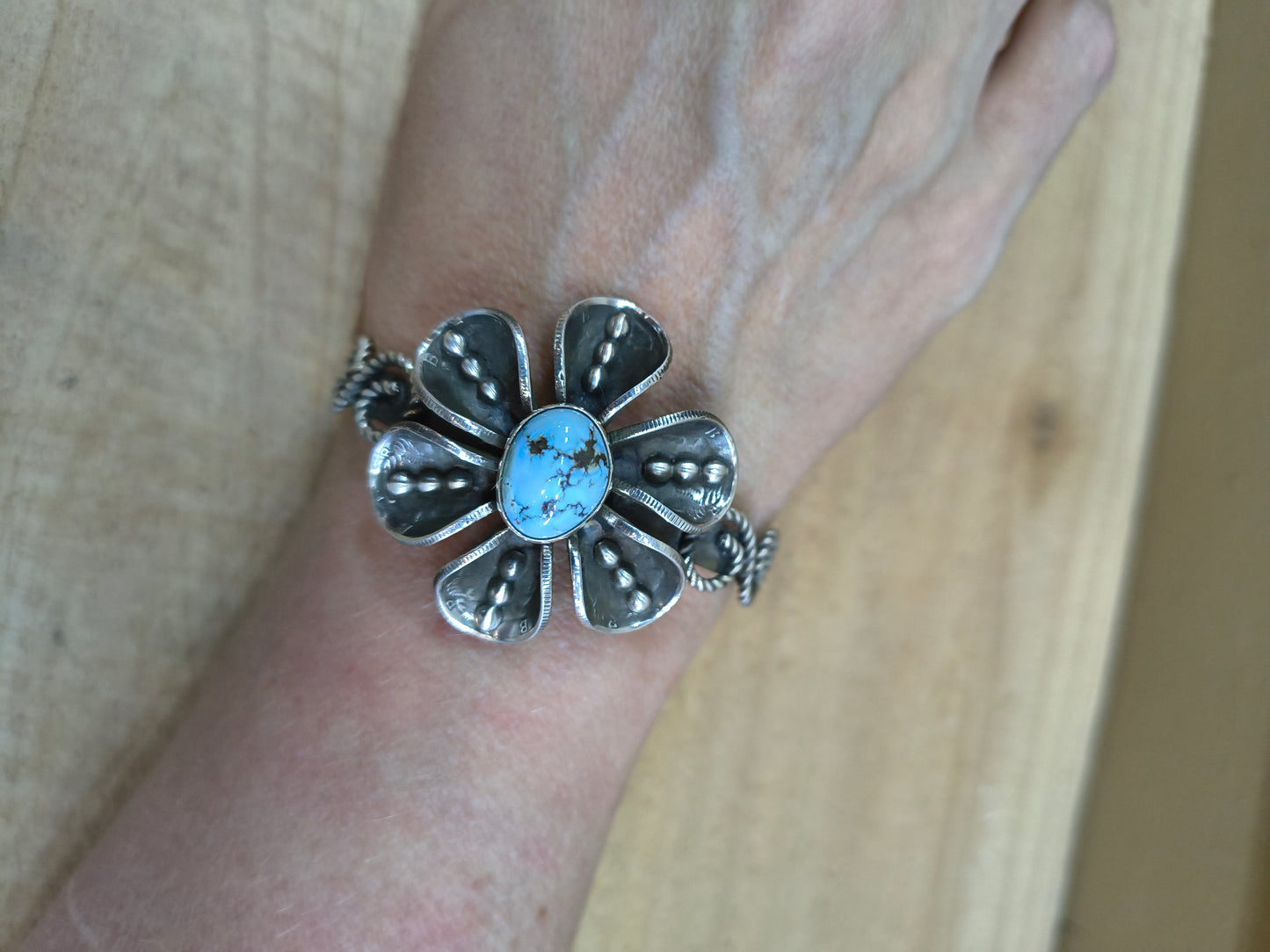 Golden Hills Turquoise with Mercury Dime Flower Cuff by James Begay, Jr., Navajo