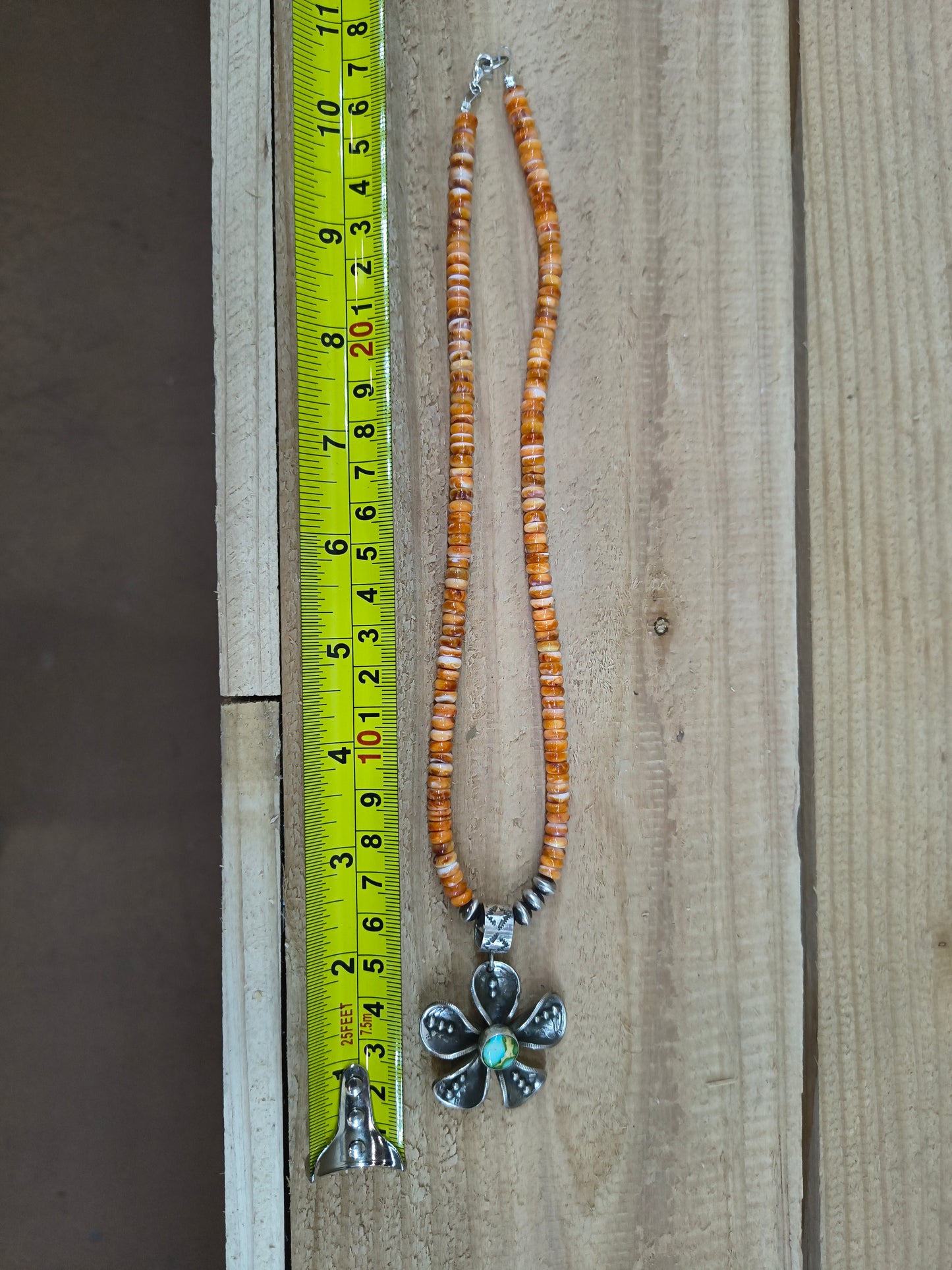 Mercury Dime Flower on 18" Spiny Oyster Necklace by James Begay, Jr., Navajo
