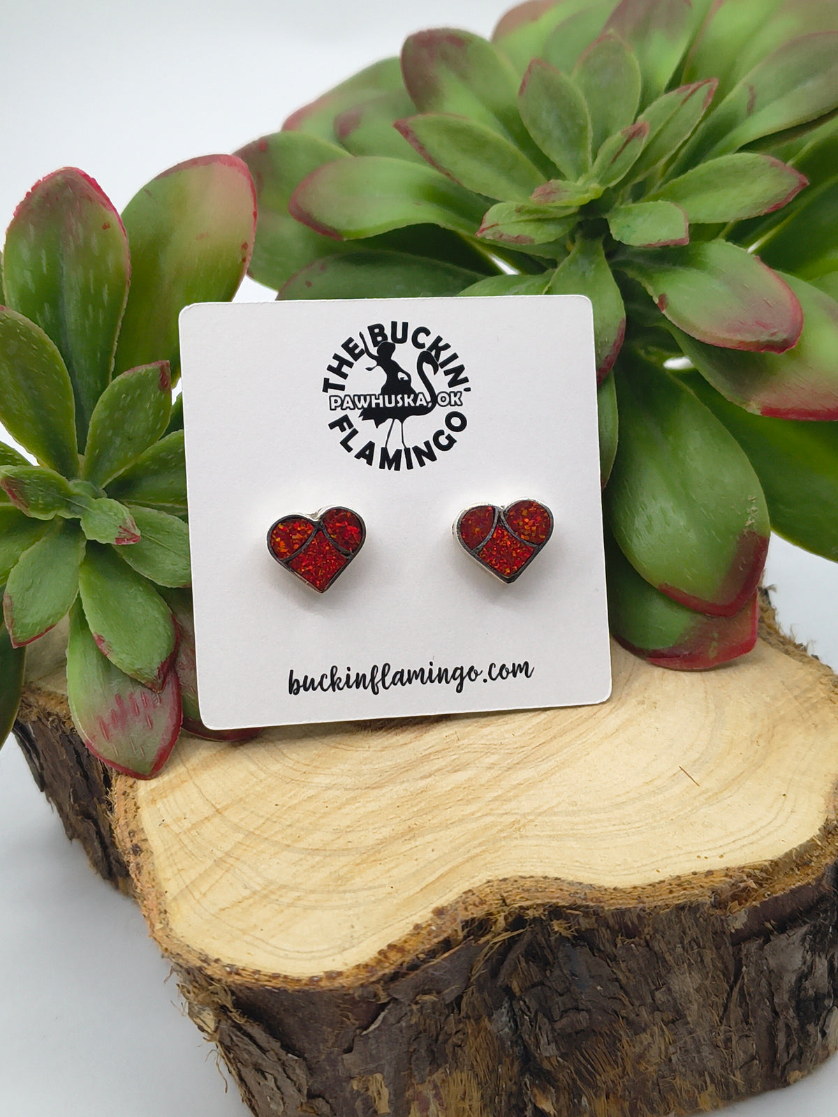 Red Opal Fish Scale Inlay Heart Post Earrings by Lynelle Johnson, Zuni