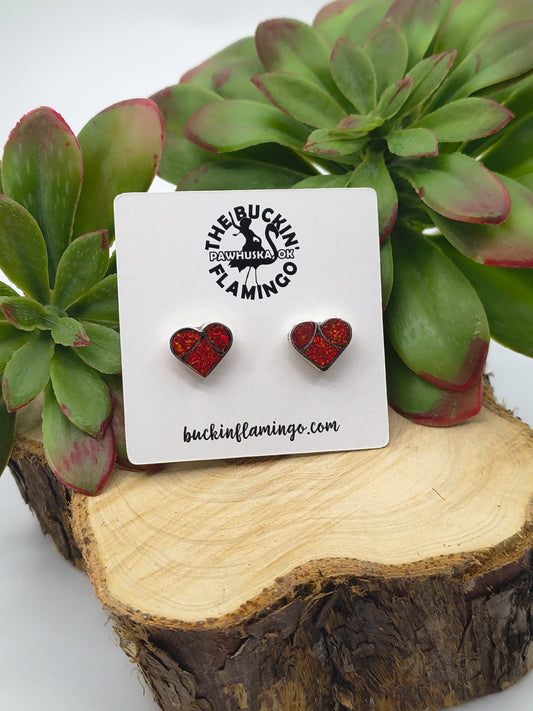 Red Opal Fish Scale Inlay Heart Post Earrings by Lynelle Johnson, Zuni