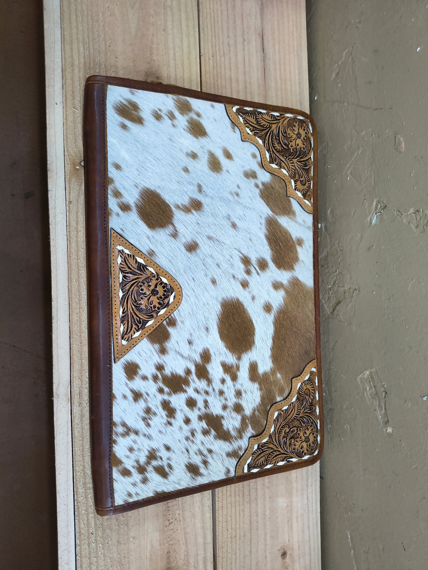 Tooled Leather and Cowhide Necklace Flat Jewelry Holder