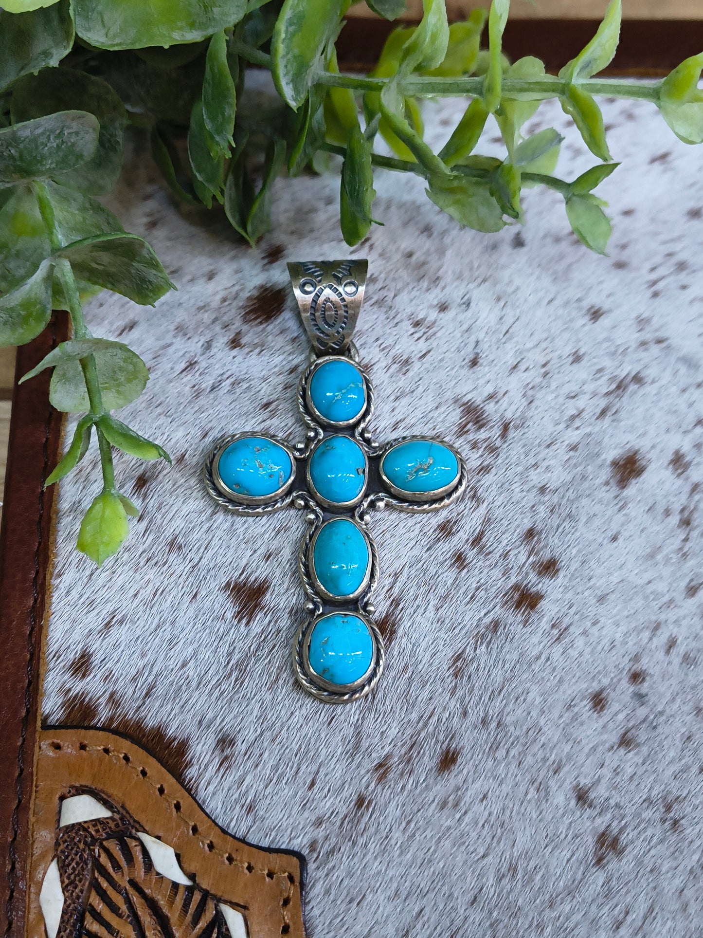 6 Stone Sonoran Blue Turquoise Cross Pendant 10mm Bail