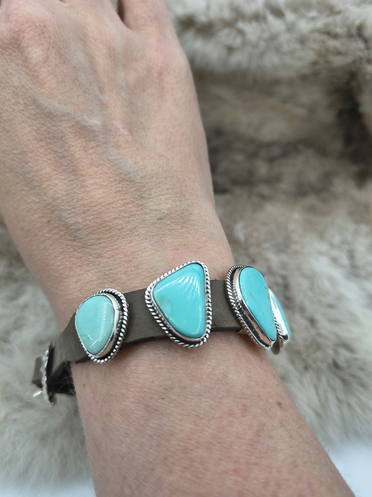 6.25”-9” 6 Stone Turquoise & Spiny Oyster Bracelet on Leather by “BW”, Navajo