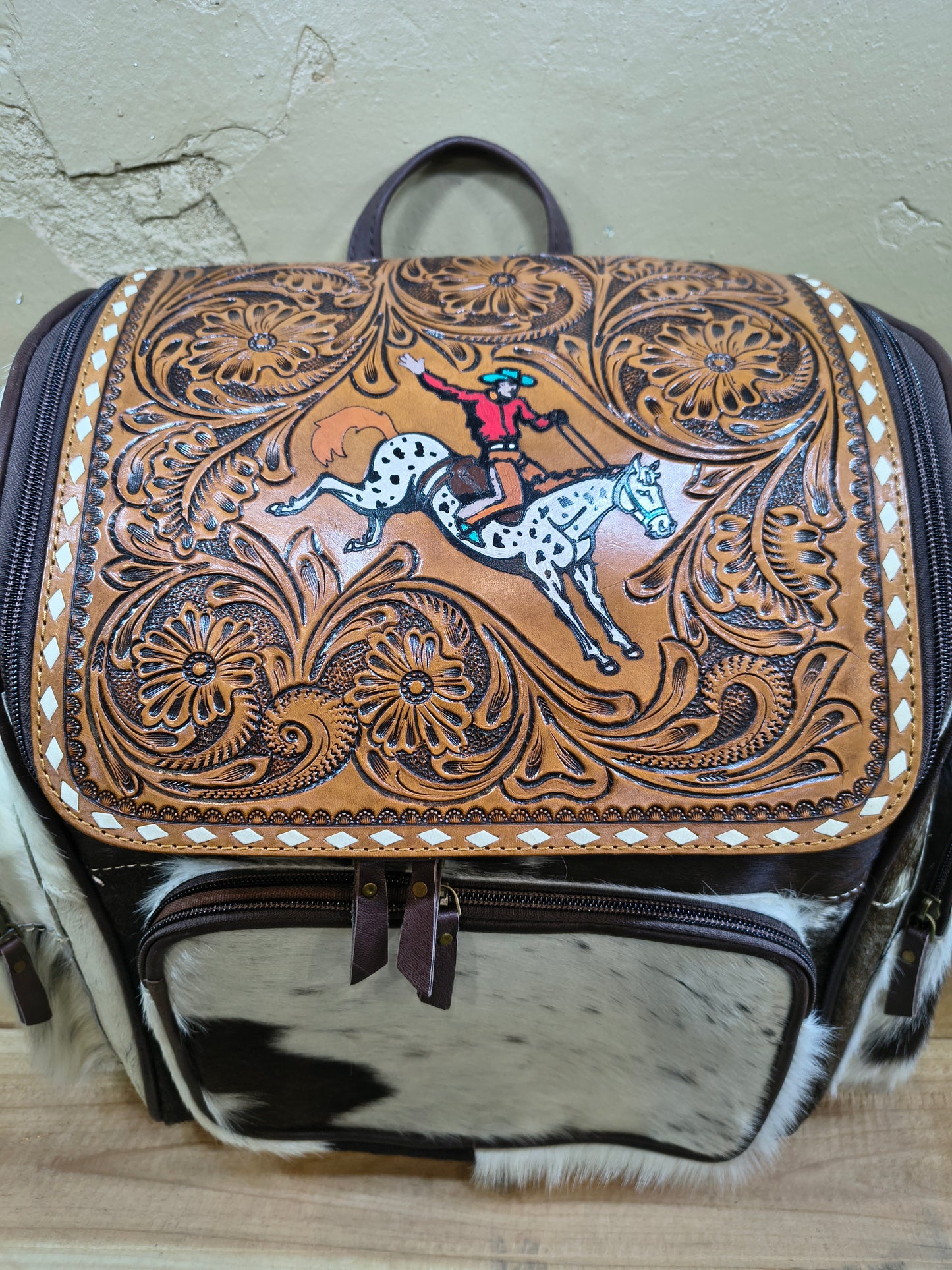 Cowboy on White Horse Leather and Cow Hide Backpack