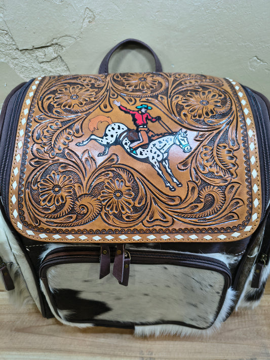 Cowboy on White Horse Leather and Cow Hide Backpack