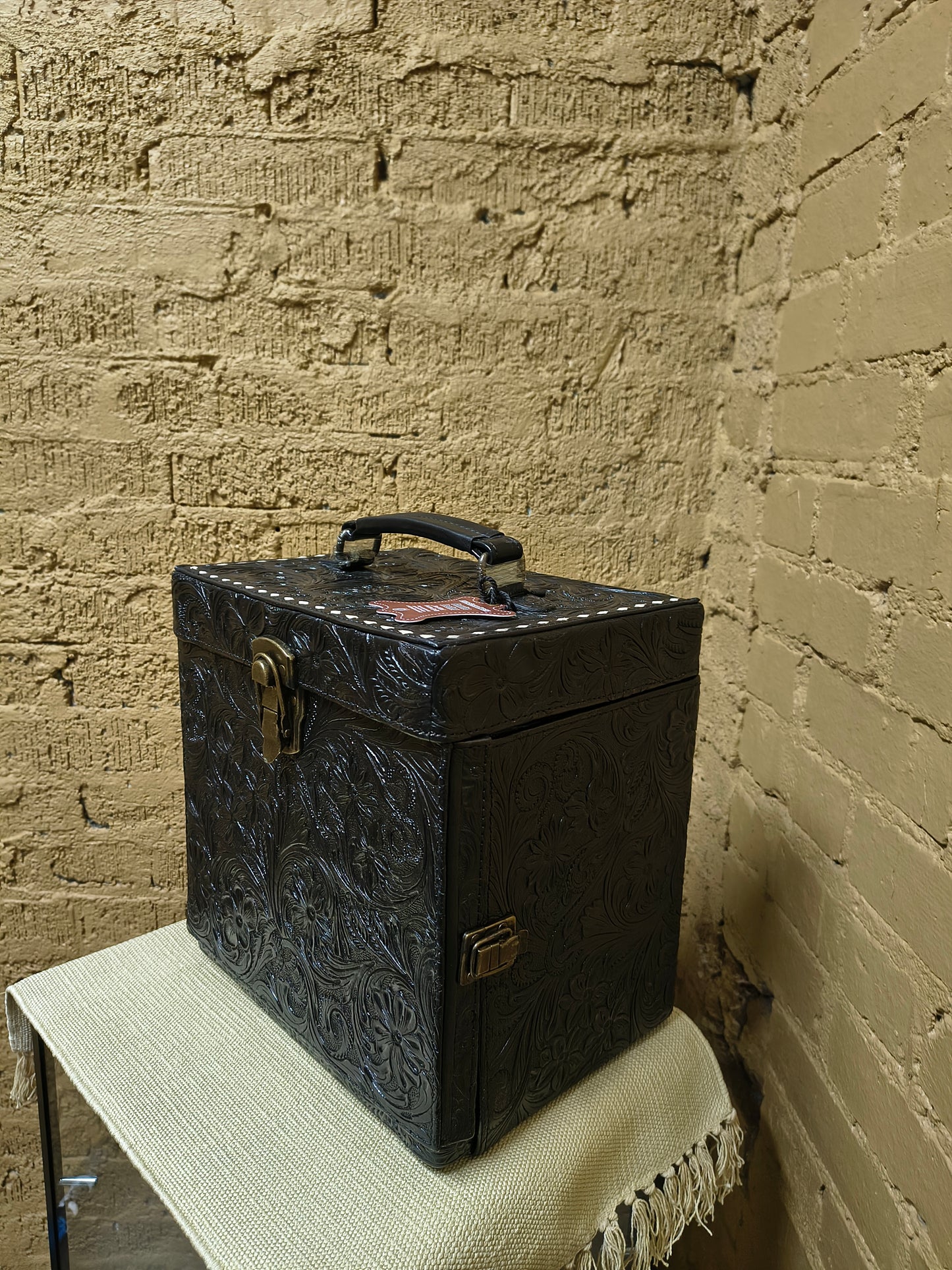 Black Leather Tooled Train Case Jewelry Box