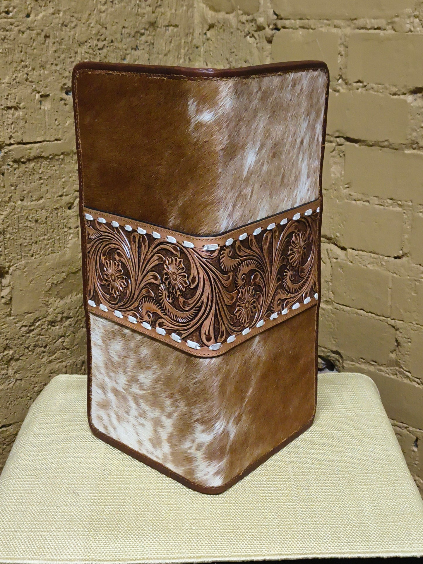 Medium Brown Tooled Leather and Cowhide Necklace Flat Jewelry Holder