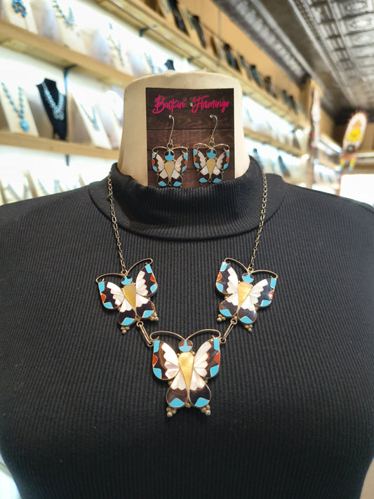 Inlay Butterfly Necklace and Earring Set by Allison Dishta, Zuni