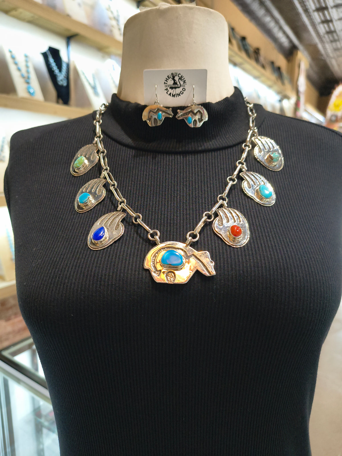 4 Piece Set by Marie Jackson, Navajo-Ring Size 8.0, 23” Handmade Chain with Sleeping Beauty Turquoise, Lapis, and Coral.