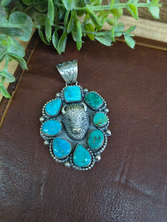 13.2mm Bail Eight Stone Turquoise Pendant with Buffalo Head by Boyd J. Ashley, Navajo