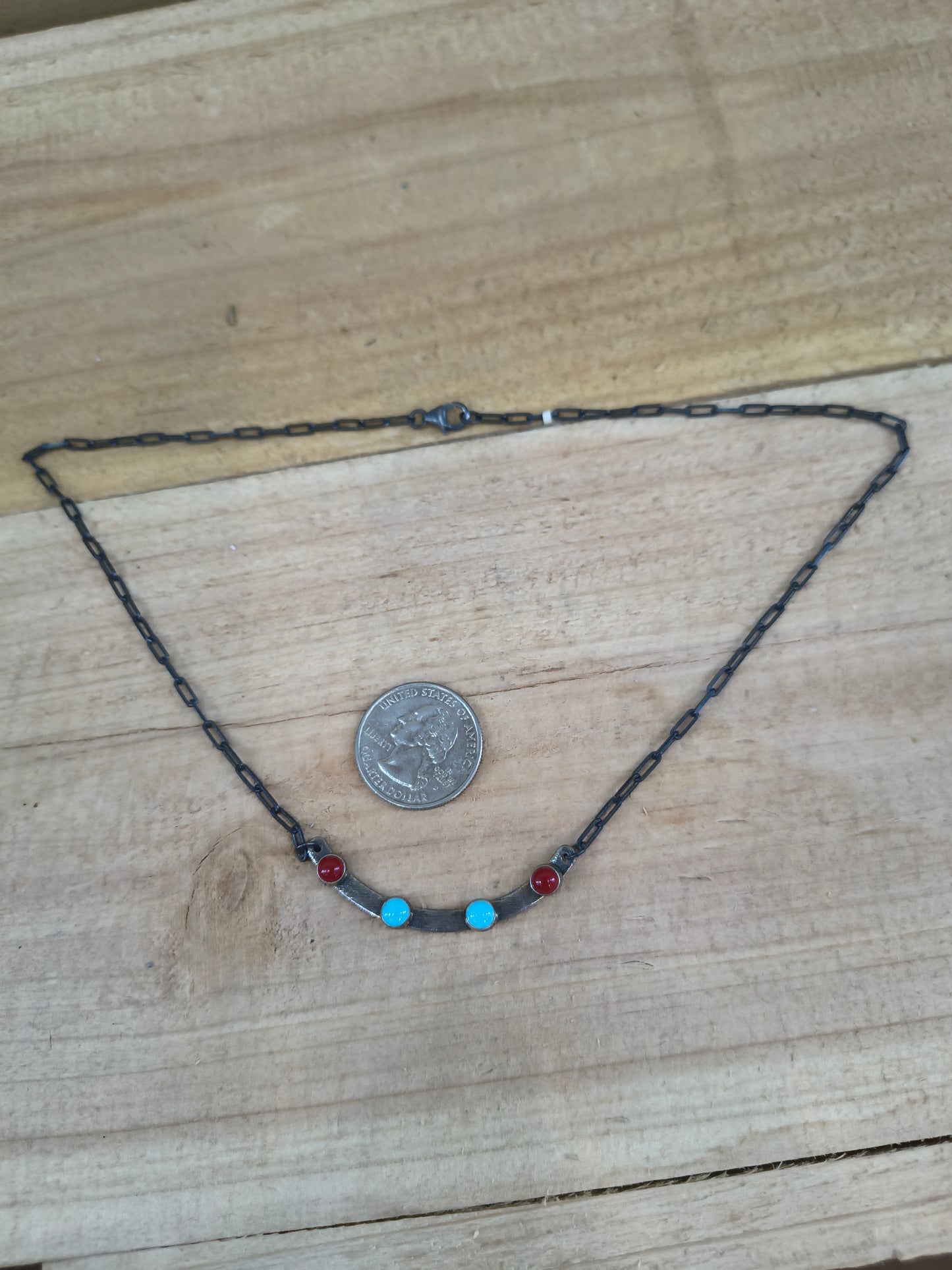 18" Dark Paperclip Curved Coral and Turquoise Necklace