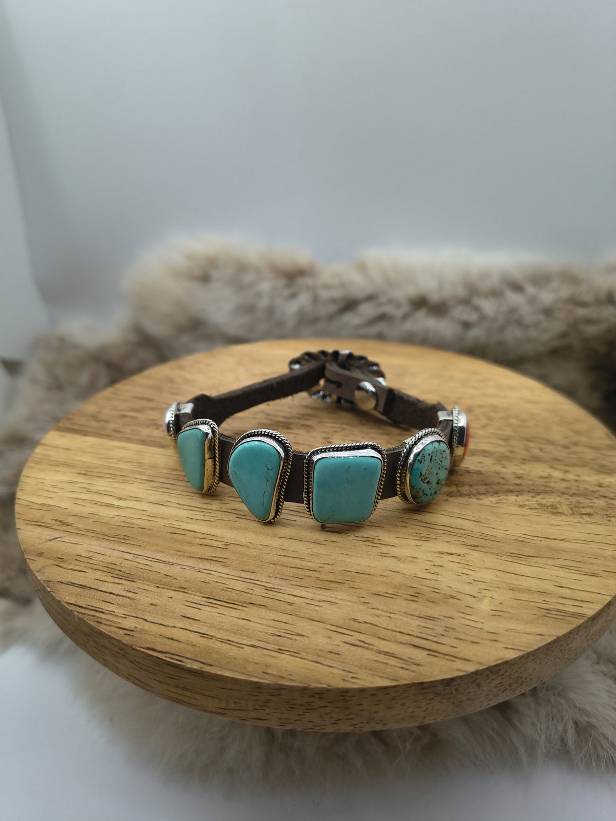 6.25”-9” 6 Stone Turquoise & Spiny Oyster Bracelet on Leather by “BW”, Navajo