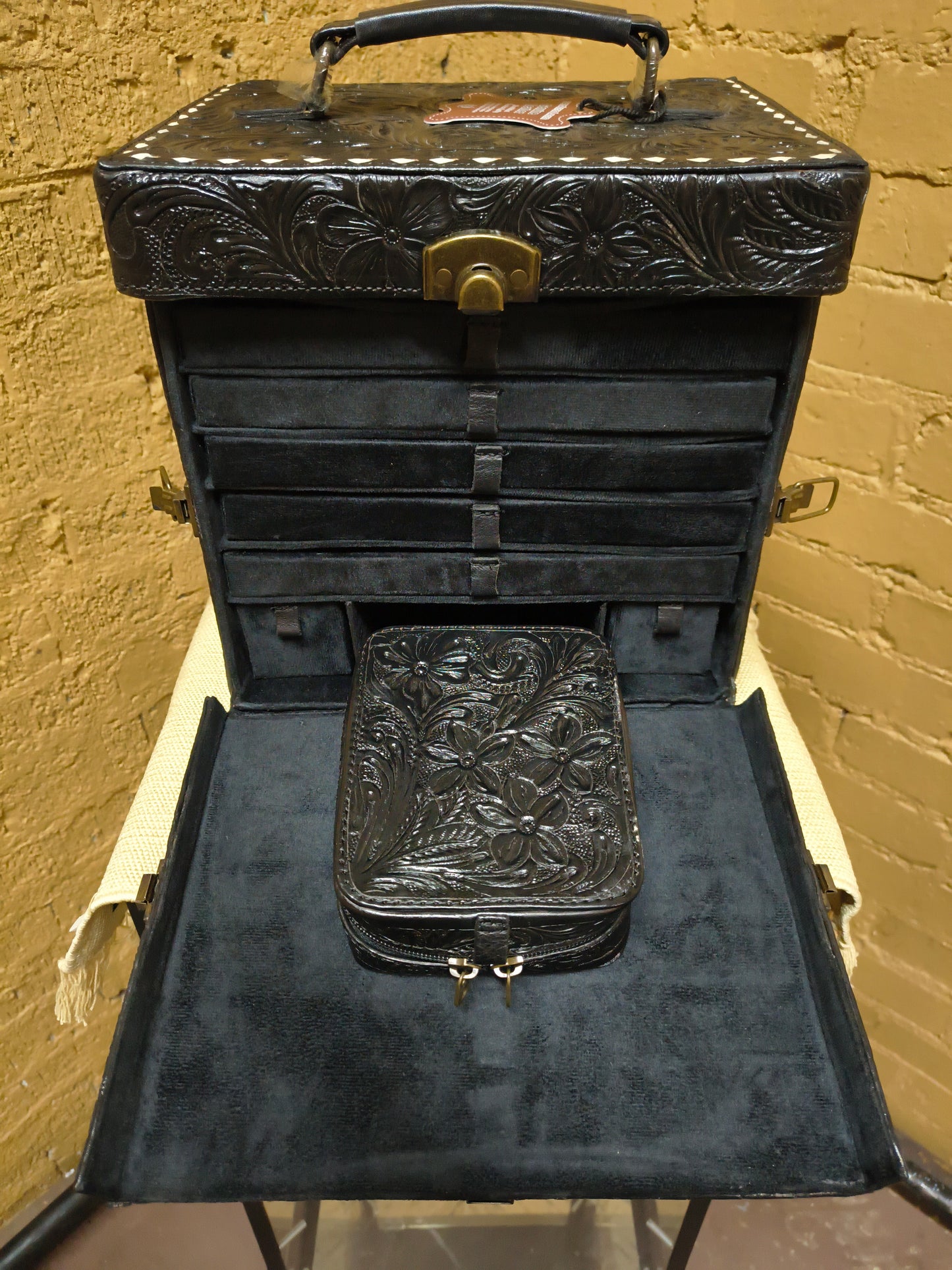 Black Leather Tooled Train Case Jewelry Box